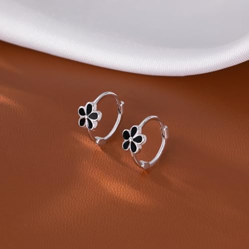 Reffeer Solid 925 Sterling Silver Daisy Flower Hoop Earrings Huggie for Women Teens Black Flower Hoop Earrings Spring Cartilage Helix Earrings4