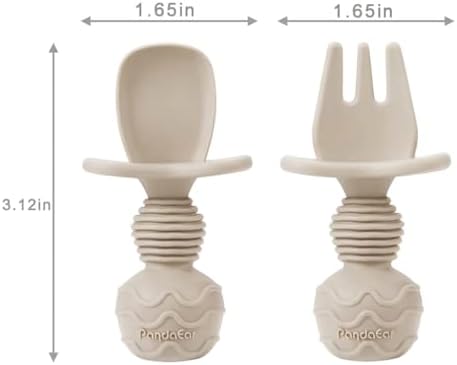 PandaEar Silicone Baby Feeding Set| 2 Pack Silicone Divided Suction Plate and 2 Pack Tiny Cup with 2 Spoons 2 Forks| Baby Led Weaning Supplies Self Feeding Eating Utensils (Light Tan/Walnut) 3