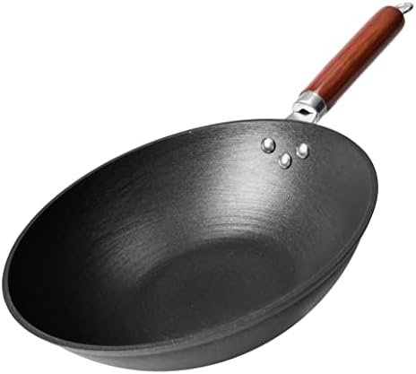 21st & Main Wok, Stir Fry Pan, Wooden Handle, 11 Inch, Lightweight Cast Iron, chef’s pan, pre-seasoned nonstick, for Chinese Japanese and other cooking