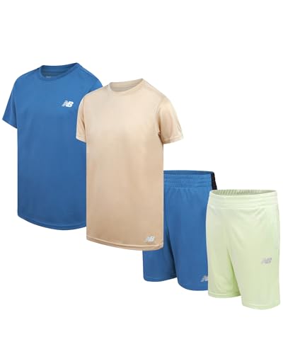 Image of New Balance Boys Shorts Set - 4 Piece Short Sleeve Boy TShirt & Gym Athletic Shorts for Boys - Kids Youth Activewear Set