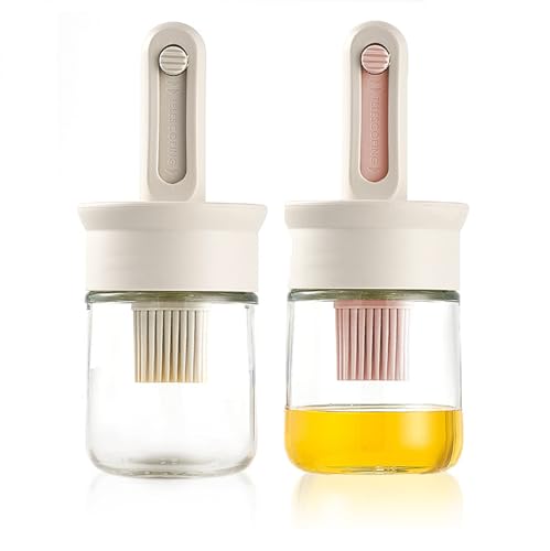 Oil Dispenser with Brush Glass Olive Oil Dispenser with Expandable Silicone Brush and Locking Cap Ideal for Kitchen Cooking Vinegar Sauces Barbecue Grilling Frying (2 Pcs)