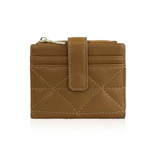 Small Woman Wallets, Bifold PU Leather Card Holder Wallet Fashion Rhombic Multi-Slot Credit Card Holder with Zipper Snap Coin Pocket for Traveling Shopping (Brown)