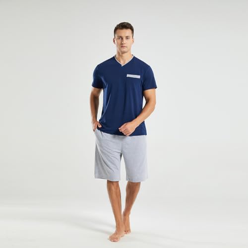 Men's Comfortable Short Sleeve Pajama Sets, V-Neck Top and Shorts Sleepwear Summer Pajamas4