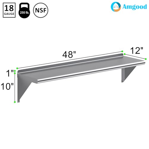 Image of AmGood 48 inch Long X 12 inch Deep Stainless Steel Wall Shelf | NSF Certified | Appliance & Equipment Metal Shelving | Kitchen, Restaurant, Garage, Laundry, Utility Room