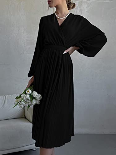 PRETTYGARDEN Women's Spring Midi Dress Long Puff Sleeve Wrap V Neck Flowy Ruffle Pleated Casual Fall Dresses2