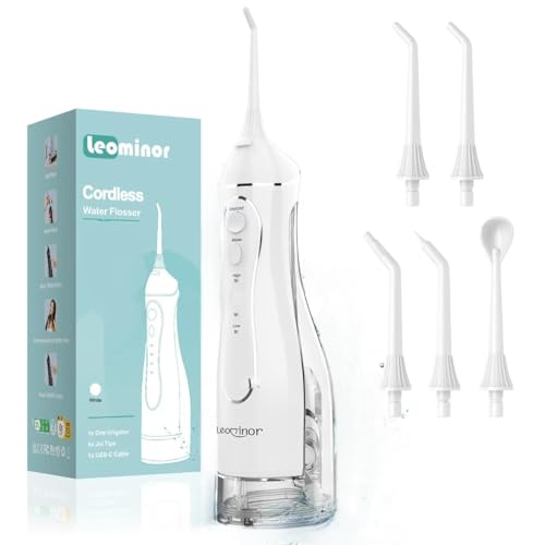 leominor water dental flosser pick for teeth 300ml portable oral irrigator upgraded tank removableipx7 waterproof rechargeable travel teeth cleaner professional electric flossing white