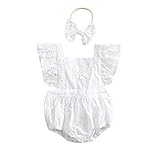 COORALLY Baby Girls Ruffle Sleeveless Romper Lace Floral Backless Cotton Linen Bodysuit Jumpsuit with Headband Clothes Set (A-White,0-6 Months)