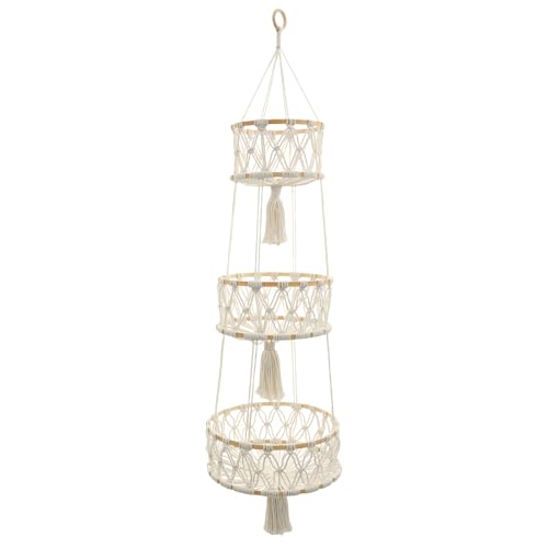 3 Tier Hanging Fruit Basket, Space Saving Hanging Basket, Decorative Multifunctional Storage Baskets, Cotton Rope Organizer, Woven Wall Bag, for Kitchen Living Room