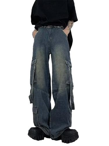 Men's Cargo Jeans Y2K Baggy Wide-Leg Multi-Pocket Retro Distressed Goth Denim Pants Casual Fashion Street Style Clothes