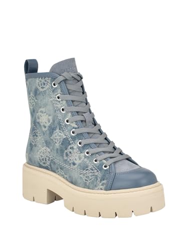 GUESS Women's Shutter Combat Boot, Blue Denim Logo, 7.5