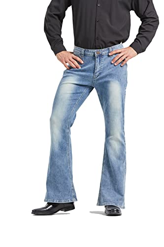 Image of Men's Relaxed Vintage 60s 70s Bell Bottom Stretch Fit Classic Comfort Flared Flares Retro Leg Disco Denim Jeans Pants