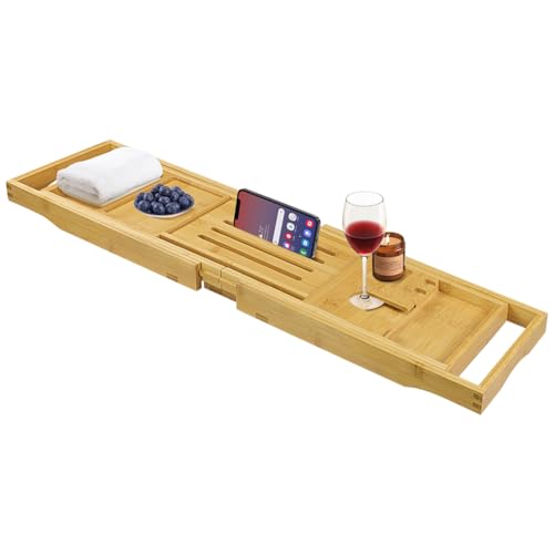 BFTOU Bamboo Bathtub Tray Expandable Bath Table Tray Bathtub Caddy for Relaxing SPA Bathroom Accessories for House Warming Shower Gifts