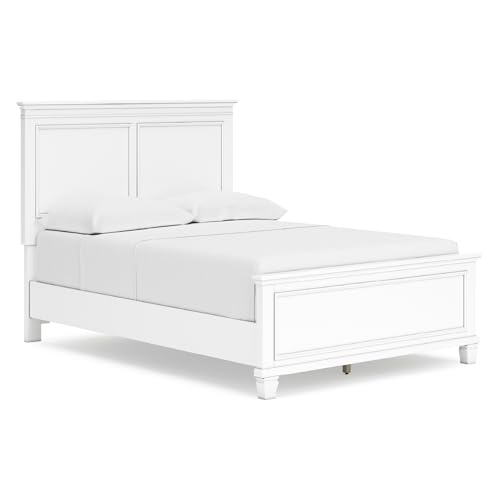 Image of Signature Design by Ashley Bed Frame, Full Panel White Transitional | Hardwood solids and MDF substrate, White panel framing, Compatible with adjustable base, Fortman Series