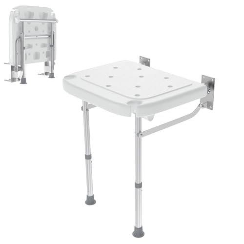 XMTECH Asiento de ducha plegable montado en la pared, altura regulable, silla de ducha, asiento plegable con patas plegables, antideslizante, para personas mayores discapacitadas