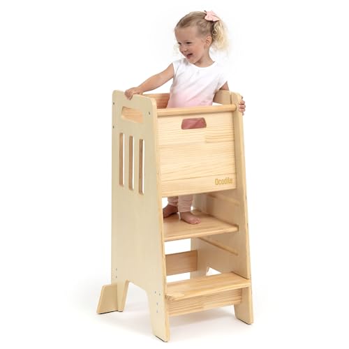 OCODILE Toddler Tower with a Sliding Door and 3 Adjustable Heights - Safe Toddler Kitchen Stool Helper with Support Feet - Updated Design for 18+ Months to 6-Year-Old Kids - Varnished