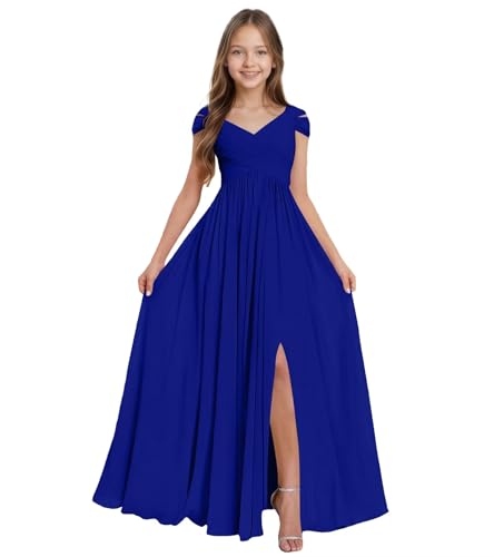 Qatuddl Junior Bridesmaid Dress Royal Blue Chiffon Flower Girl Dress for Wedding Pleated Prom Dresses for Teen Size 12