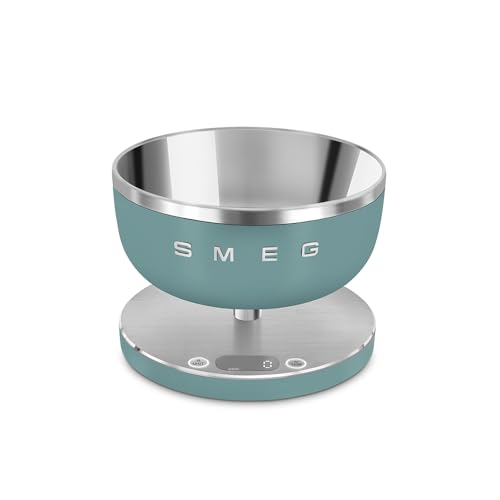 Smeg, Bilancia da Cucina Digitale KSC01EGMWW, Ciotola in Acciao Inox Removibile, Quattro Unità di Misura g/ml e lb.oz/fl.oz, con Funzione Tara, Portata Massima 5kg, Verde