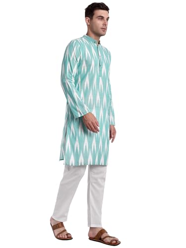 Image of SKAVIJ Men's Pure Cotton Printed Kurta Pajama Set Ikat Design Casual Ethnic Dress