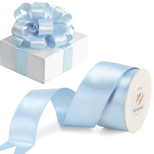 HUIHUANG Baby Blue Satin Wired Ribbon 1-1/2 inch Blue Wire Edge Ribbon for Bows Gift Wrapping Wreaths Baby Shower Decor Garland Wedding Decorations DIY Crafts-Continous 10 Yards