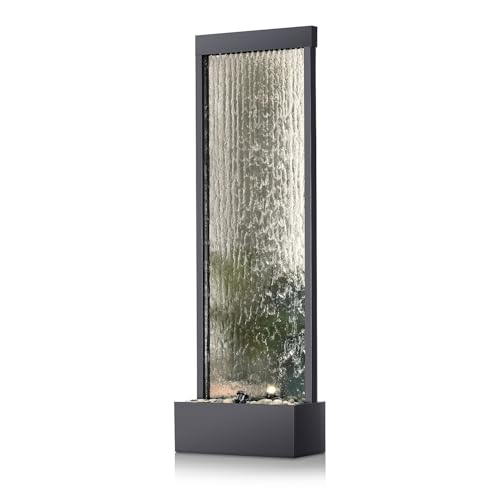 Image of Alpine Corporation Mirror Waterfall Fountain with Stones and Lights - Zen Indoor /Outdoor Decor for Office, Living Room, Patio, Entryway - 72 Inches