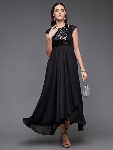 Image of Miss Chase Women's Round Neck Sleeve Embellished Fit Flare Maxi Dress