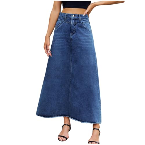 Women's Casual High Waisted Denim Skirts Button Down Stretch Jean Skirt Trendy Washed Raw Hem Dresses with Pockets