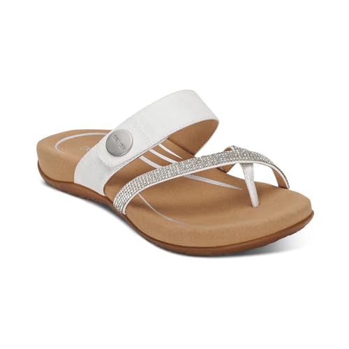 Image of Aetrex Izzy Memory Foam Footbed Faux Leather Adjustable Slide Orthopedic Sandals for Women - Pressure Relief Pain Arch Support Sandals Women's