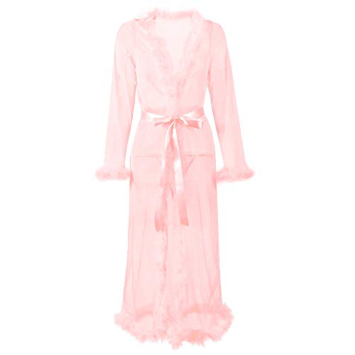 Babydoll Lingerie for Women with Fur Lace Kimono Robe Long Lace Dress Sheer Gown Mesh Chemise Nightgown Pink