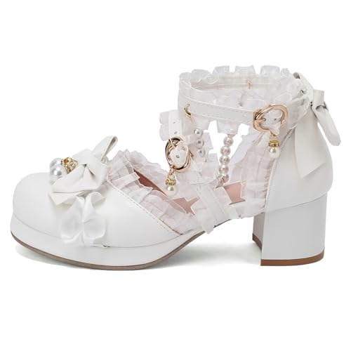 Parisuit Womens Kawaii Lolita Pearl Bow Shoes Mary Jane Cute Platform Heels Chunky Heel Ankle Strap Pumps2