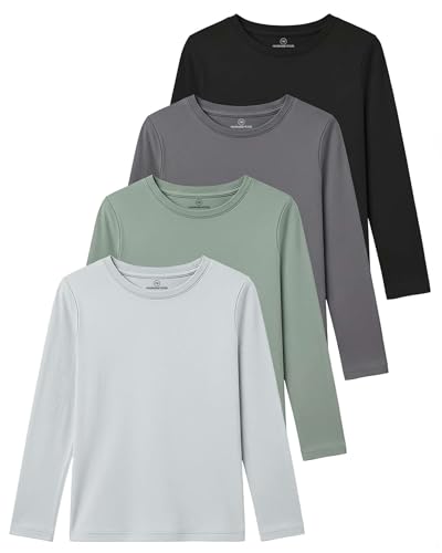 Image of Real Essentials 4 Pack: Girls' Cotton Long Sleeve Crew Neck T-Shirt - Athletic Tee Shirt for Teens Kids Youth (Ages 4-16)