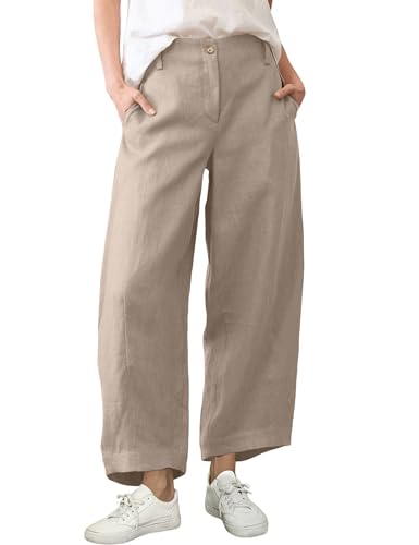 Athlisan Womens Linen Barrel Pants Casual Baggy Wide Leg Palazzo Trousers Summer Beach Capri Pants(Khaki-M)