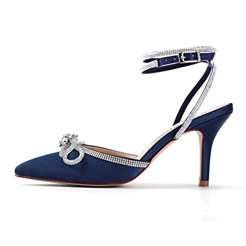 ELEGANTPARK Heels for Women Pointed Closed Toe Shoes Sexy Ankle Strap Rhinestones Bow High Heel Pumps Satin Wedding Evening Prom Dress Shoes2
