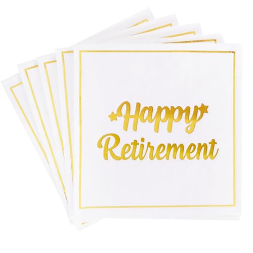 Vuzvuv 50 Pack Happy Retirement Cocktail Napkins - Disposable Paper Hand Napkins for Retirement Parties Farewell Gatherings Office Send-Off Party Decorations Table Decor (5 Folded 2 Ply - White)