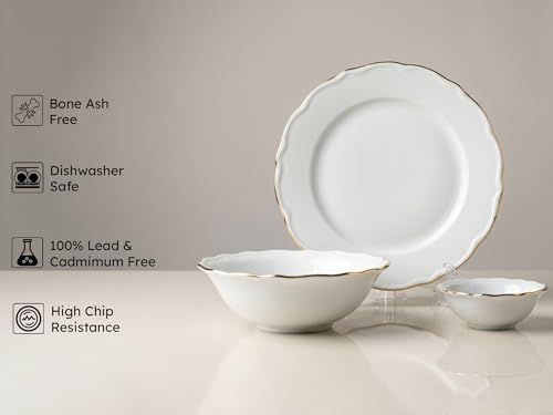 Image of Bodhi House 14-Piece Gold Rim Porcelain Dinner Set | Plates & Bowls Set | Lightweight, Chip Resistant, | Dishwasher Safe | Ideal for Home Dining & Gifting Tableware Set | White