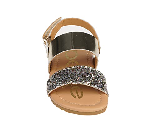 Image of bebe Girl's Sparkly and Strappy Glitter Leatherette Flat Sandals with Adjustable Strap (Toddler /Little Kid)
