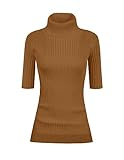 v28 Women Turtleneck 1/2 Half Sleeve Highly Stretchy Ribbed Knit Fitted Sweater(Brown S)