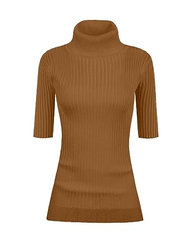 Image of v28 Women Turtleneck 1 /2 Half Sleeve Highly Stretchy Ribbed Knit Fitted Sweater