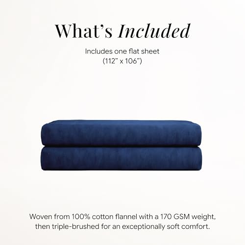 Image of Tribeca Living Cal King Cotton Flannel Flat Sheet Only 170-GSM - Oversized 112 x 106 Inch Dimensions for Generous Bed Coverage - Soft Breathable Bedding in Dark Blue