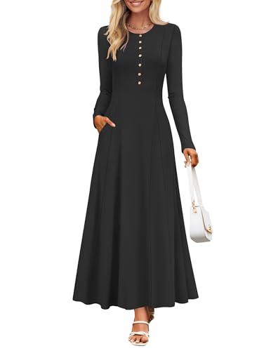 Image of ZESICA Women's Elegant Maxi Dresses 2026 Fall Long Sleeve Button Casual A Line Boho Flowy Dress with Pockets