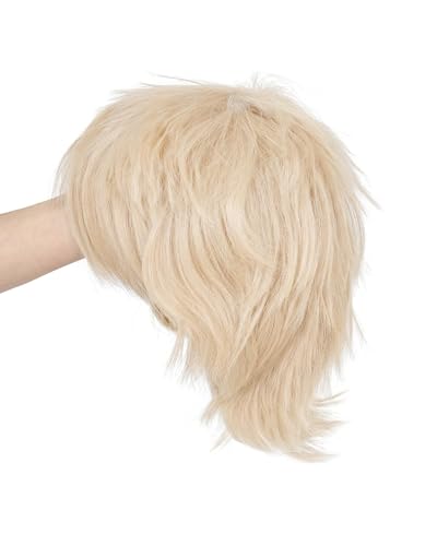 Image of Rose bud Anime Halloween Platinum Blonde Wig for Cosplay Party Synthetic Layered Short Hair Wigs with Bangs Pastel Funny Wigs for Women Men