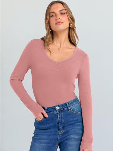 Image of ANRABESS Long Sleeve V Neck Shirts for Women | Soft Comfy Ribbed Knit Fitted Tshirts, Casual Going Out Tops, 2026 Trendy Basic, Fall Winter Underscrub Layering Clothes