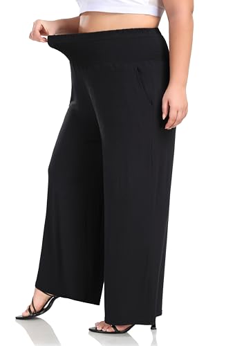 ZERDOCEAN Women's Plus Size Palazzo Pants Wide Leg Smocked Waist Casual Loose Lounge Pants with Pockets4