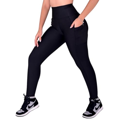 Calça Legging Feminina Com Bolsos Leg Feminina Bolso Calça Leg Suplex Power Grossa Zero Transparência (BR, Alfa, G, Regular, Regular, Preto)