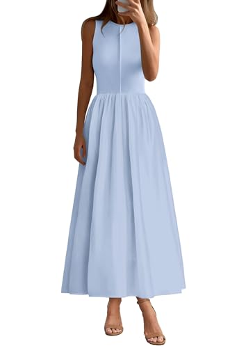 PRETTYGARDEN Maxi Dresses for Women 2025 Summer Casual Sleeveless Patchwork Flowy Vacation Sundress Knit Long Work Tank Dress(Light Blue,Large)