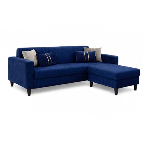 Image of Avrel 3 Seater Velvet Fabric Sofa Set with 1 Ottoman (Dark Blue) | Soft Touch Fabric | Plush Cushions | Comfortable Living Room Seating | Stylish Living Room Sofa