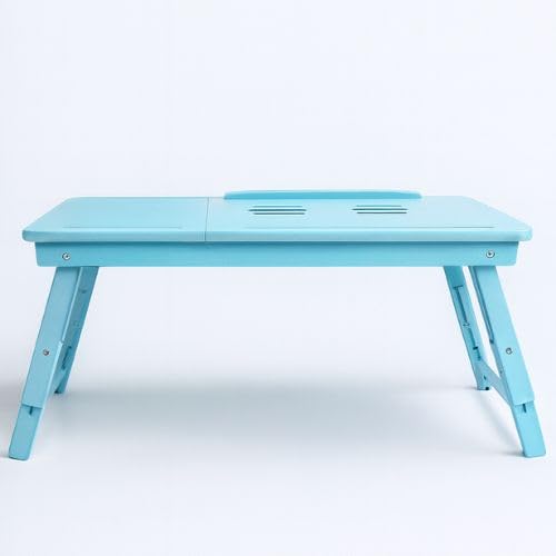 Image of Wooden Laptop Table Standard Adjustable Study Table with Laptop, Portable Lap Desk, Multifunctional Bed Table with Drawer and Folding Legs (Sky Blue)
