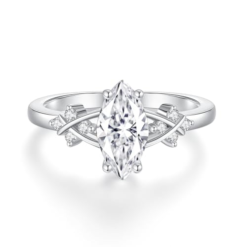 JEYHLOPX 1.5CT Marquise Moissanite Engagement Ring, S925 Sterling Silver, 18K White Gold Plated, Floral Side Design, Women’s Wedding Ring, Sparkling Moissanite Solitaire(S6.5)