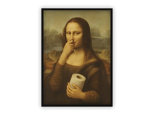 dockyardos Witziges Badezimmer-Poster Mona Lisa hält sich die Nase zu und hält Klopapier Humorvolle Deko fürs Gäste-WC oder Bad