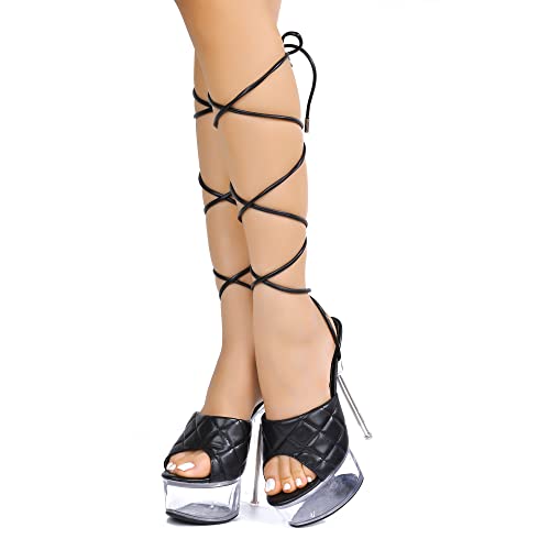 Cape Robbin Maxxi Sexy Transparent Platform High Heels For Women, Quilted Lace Up Shoes Heels - Black Size 8 #TOP5