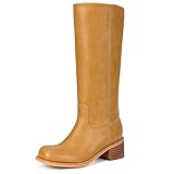 Dixhills Mid Calf Boots for Women - Banana Square Toe Chunky Block Heel Calf High Boots, Comfortable Low Heel Pull On Spring Fall, Fashion Style for Dating, Dressy Everyday Chic Yellow Size 7